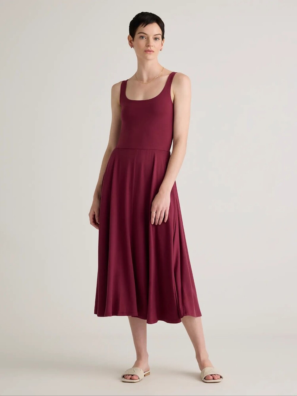 Quince Wine Tencel Jersey Fit & Flare Midi Dress Minimalist Cottagecore Pocket M